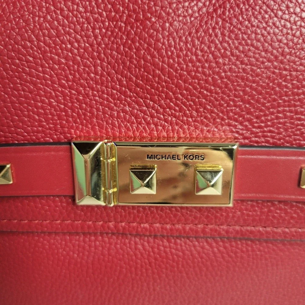Michael Kors Red‎ Pebbled Leather Studded Flap Crossbody Bag Gold Hardware